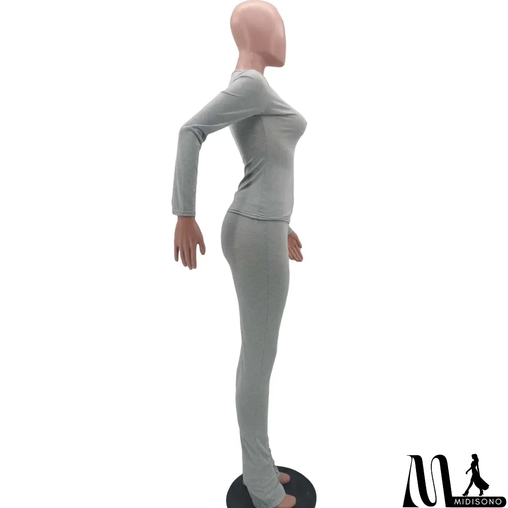 MidiSono - Autumn Solid Plain V-Neck Shirt and Matching Pants Set