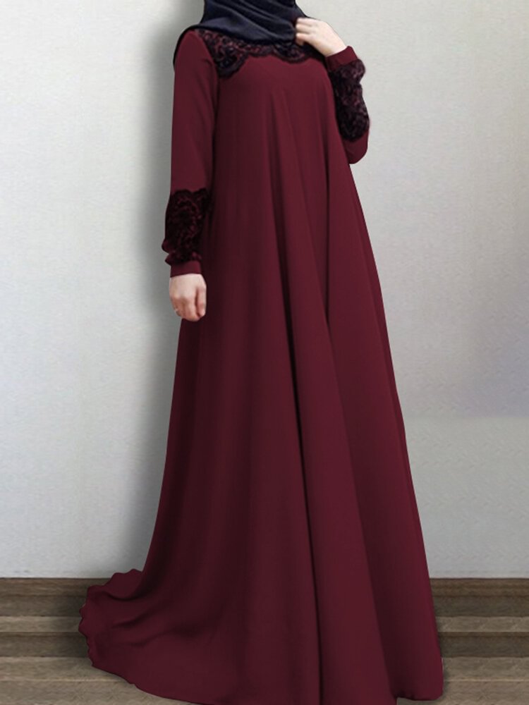 Solid Color Lace Patchwork Big swing Muslim Dress for Women