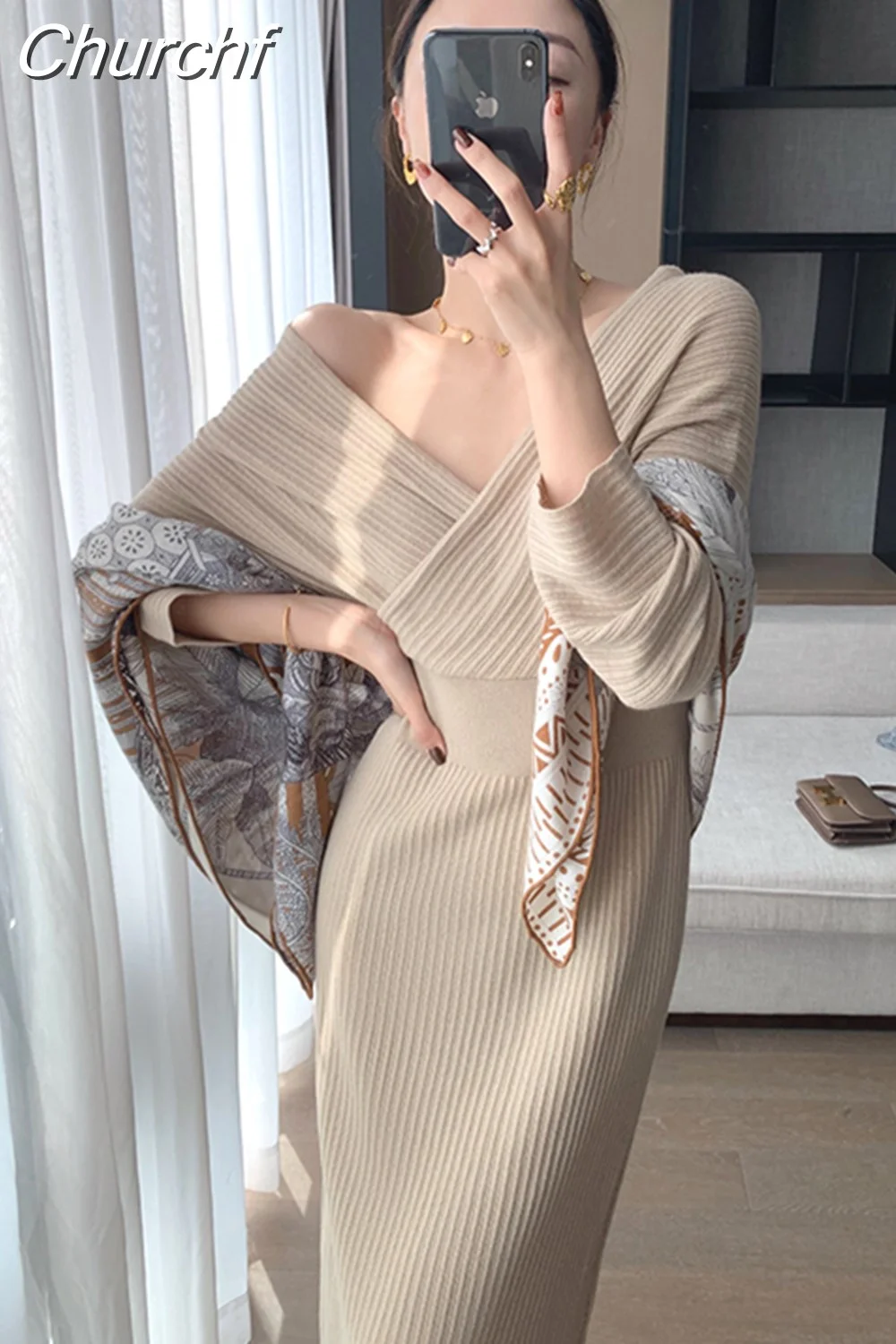 Churchf Sleeve V-Neck Sweater Sexy Backless Knitted Midi Dress Women Elegant Female Slim Evening Party Prom Clothes Autumn 2023