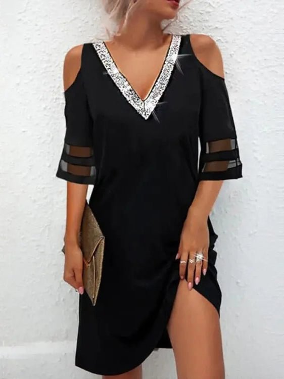 V Neck Cold Shoulder Stitching Women's Dress