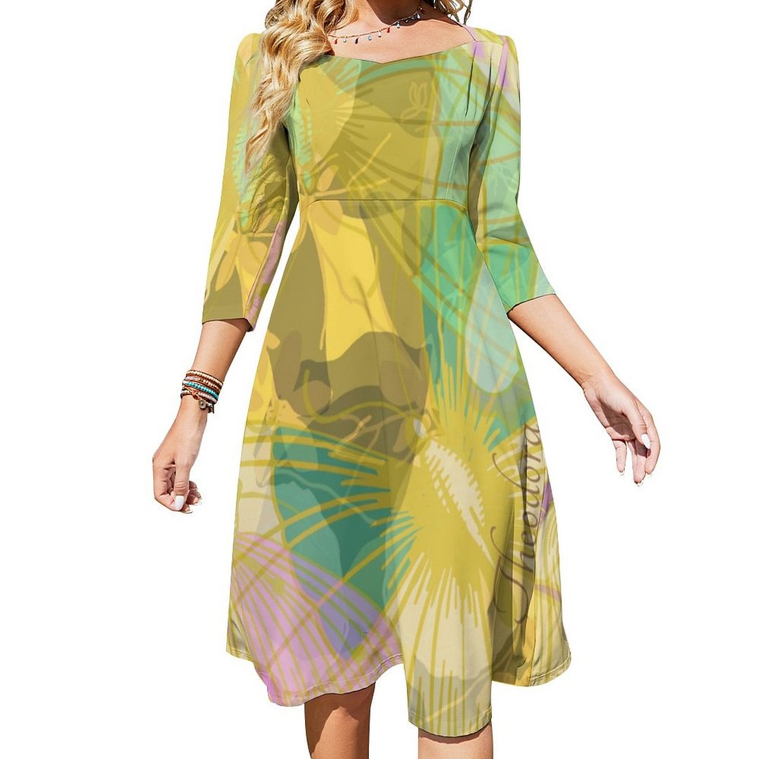 Chic Gold Butterfly Yellow Turquoise Dress Sweetheart Tie Back Flared 3/4 Sleeve Midi Dresses