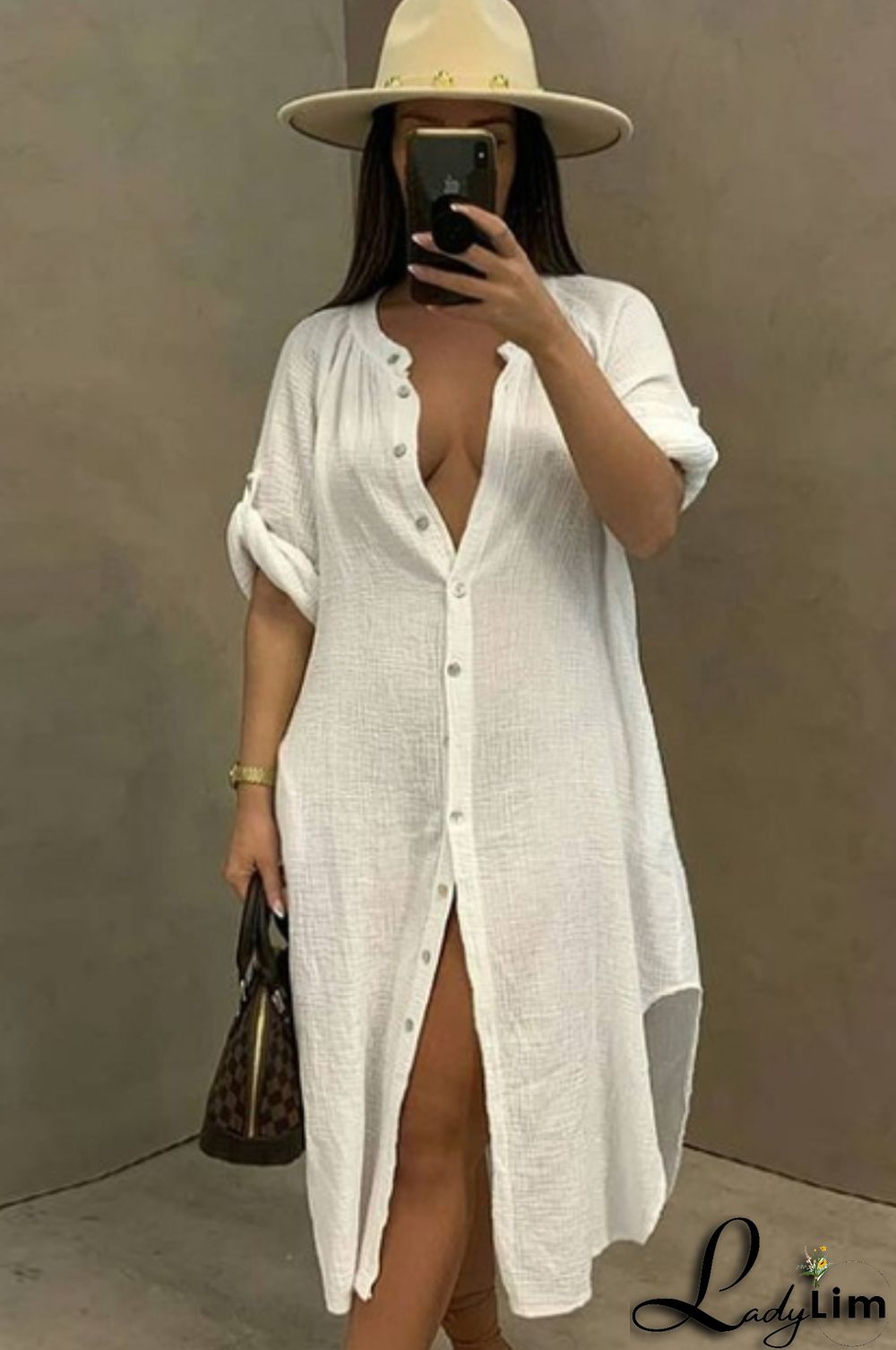Summer Casual White Cotton Slit Long Blouse Dress