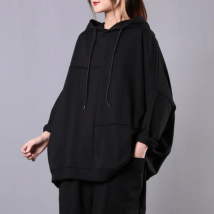 Women black cotton linen tops women blouses hooded patchwork top