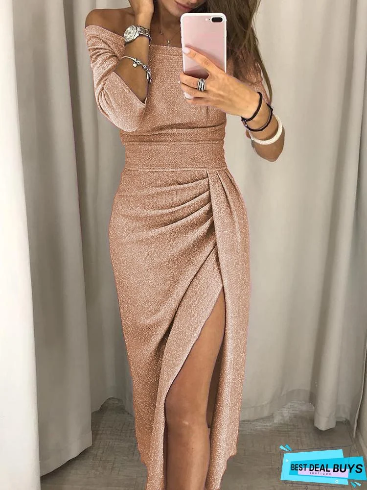 Glitter Ruched Thigh Slit Party Dress