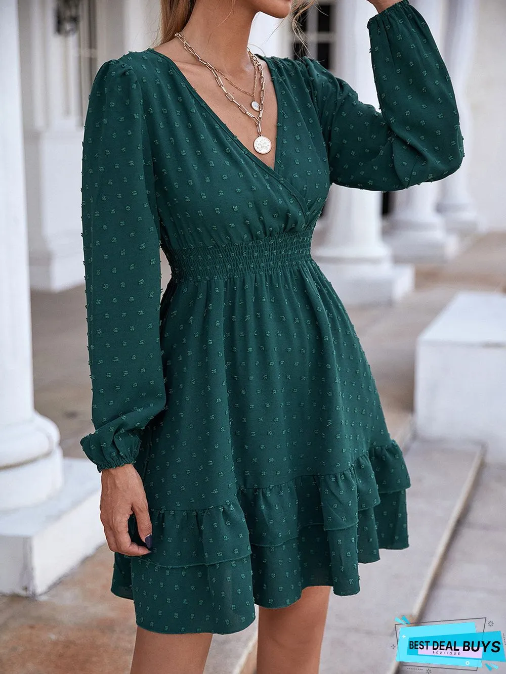 V-Neck Long-Sleeve Flounces Trim Commuter Dress For Women