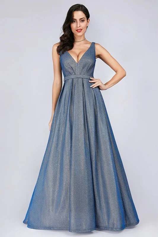 Glittering V-Neck Sleeveless Prom Dress Long Evening Gowns With Zipper Back - lulusllly