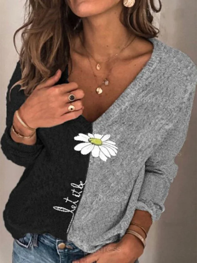 Casual Floral Autumn Polyester Cotton Daily Loose Long sleeve Regular Regular Sweater for Women