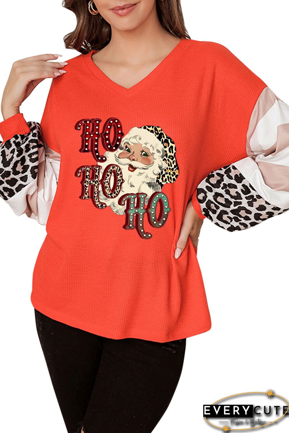 Leopard Letter Christmas Graphic Print Waffle Knit Shirt