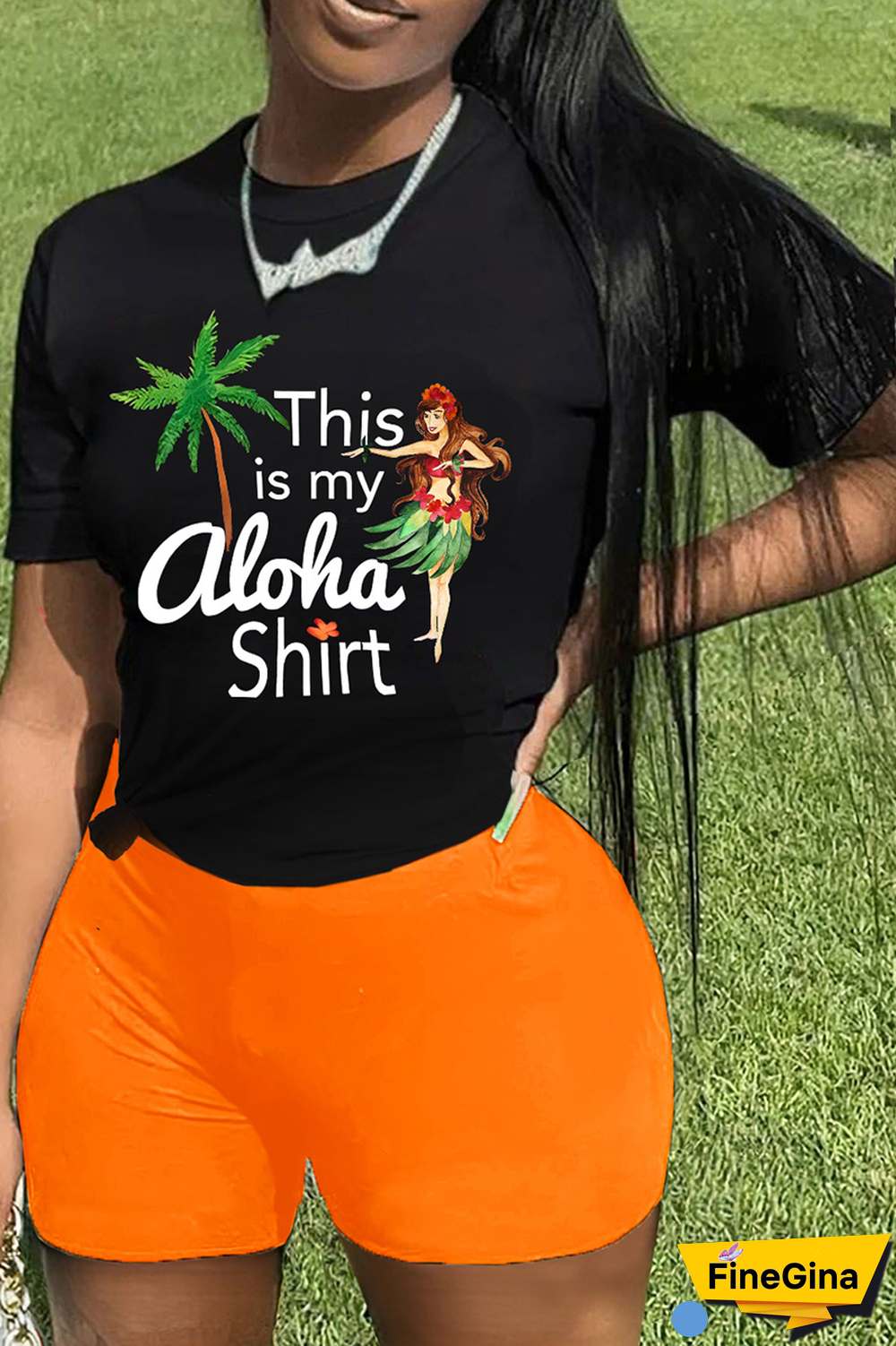 Black Pink Street Print Patchwork O Neck Short Sleeve Two Pieces