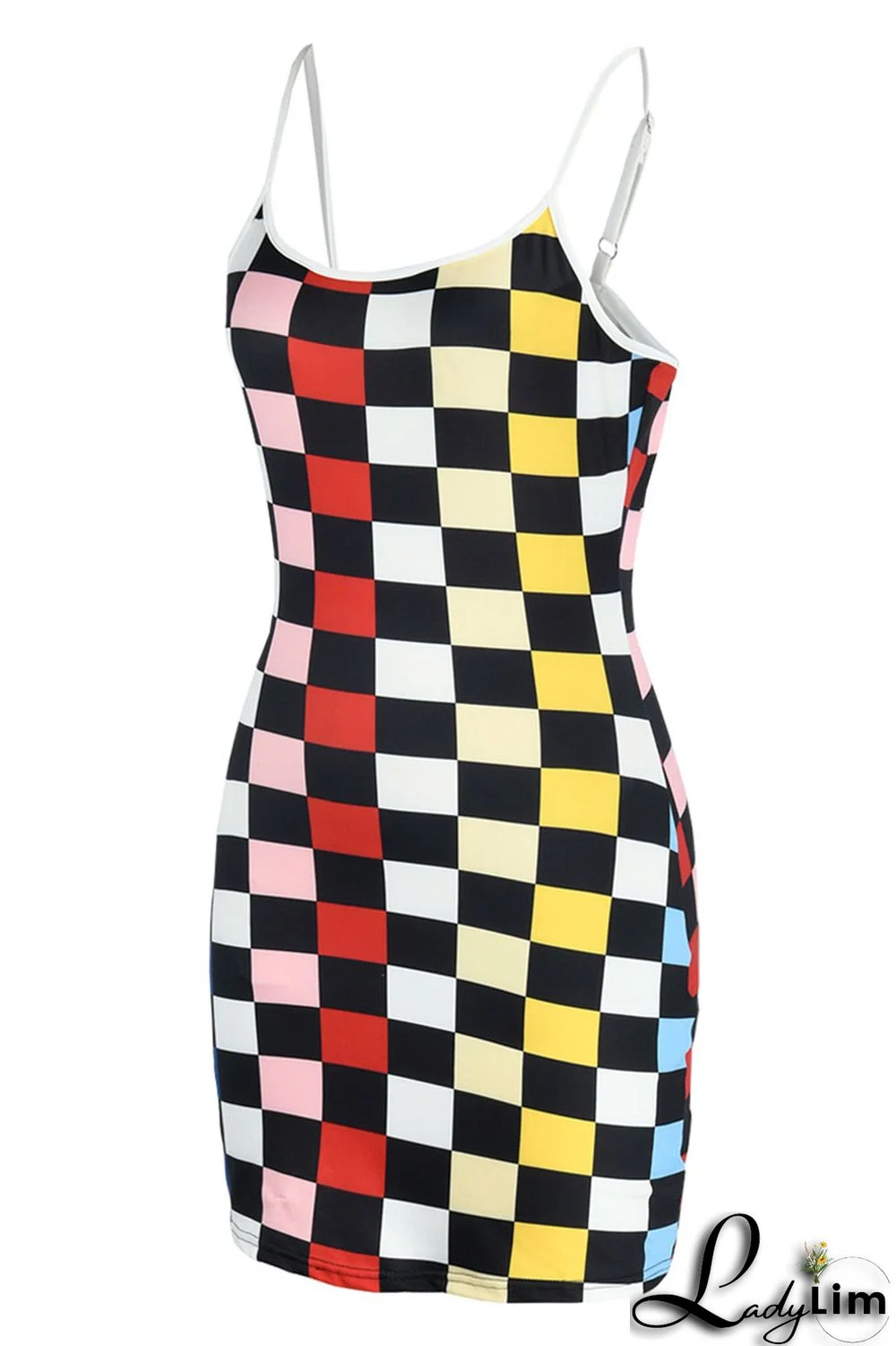 Rose Red Sexy Plaid Print Patchwork Spaghetti Strap Sling Dress Dresses