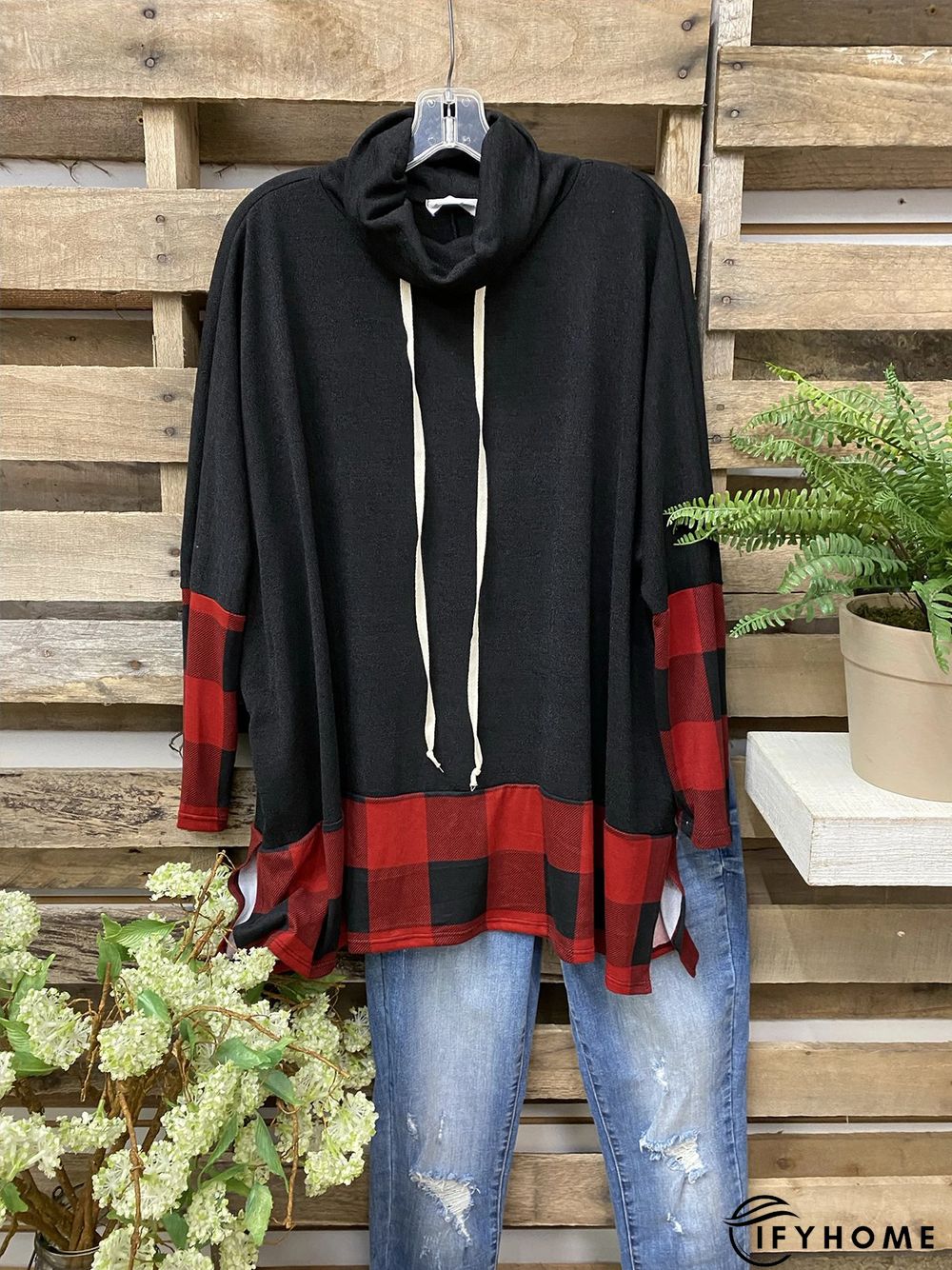 Cowl Neck Cotton-Blend Color-Block Long Sleeve Top | IFYHOME