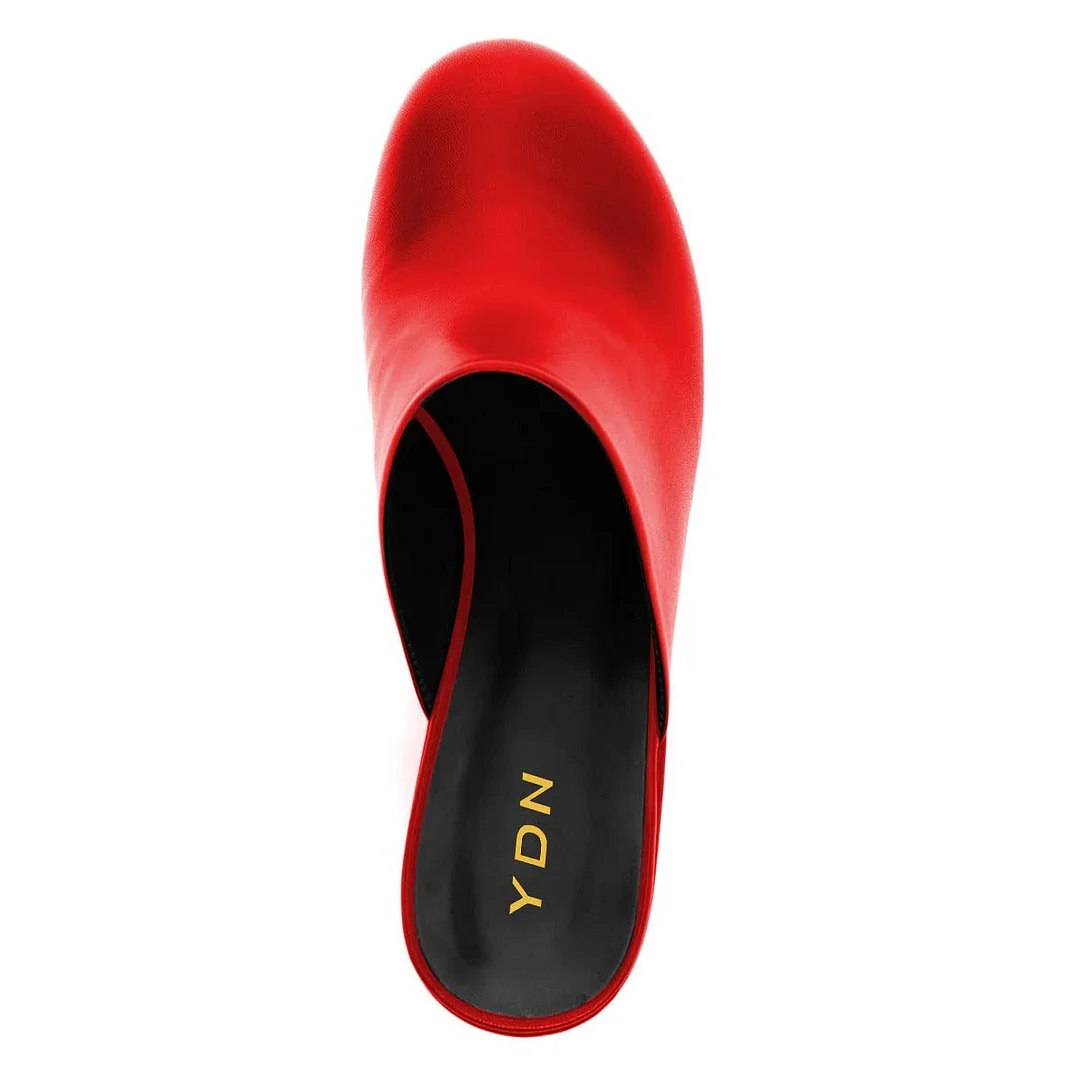 Red Block Heel Slip-On Round Toe Platform Mules for Women