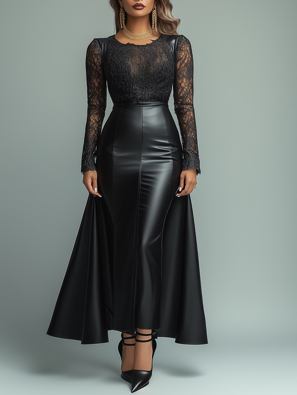 Ursime PU Leather Lace See-Through Long Sleeve Maxi Dress