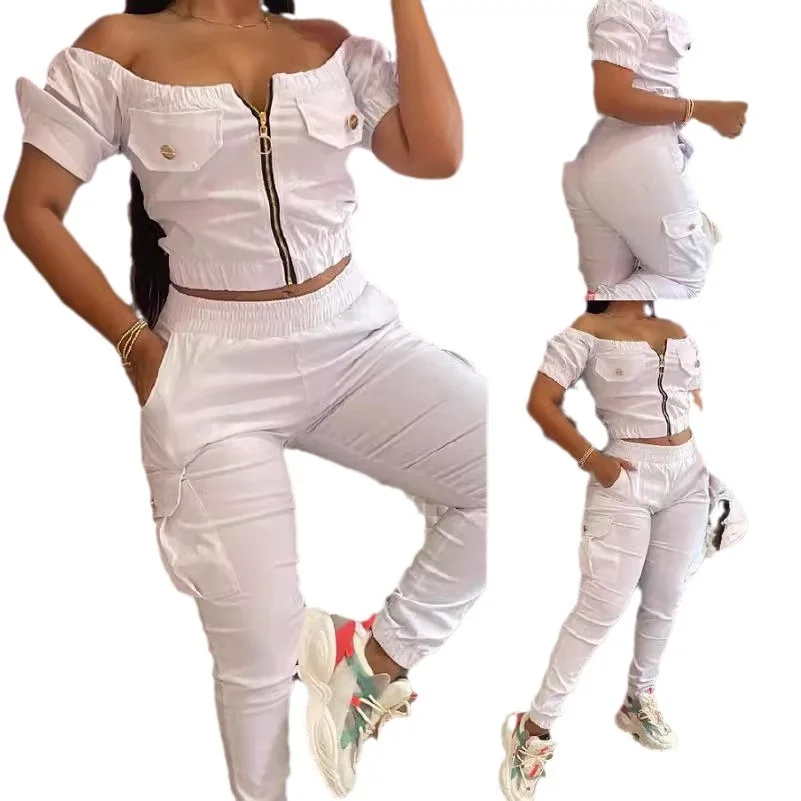 Wongn Wongn Summer Women's White One-Line Shoulder Short Sleeve Bag Jacket Suit Slacks 2 Sets