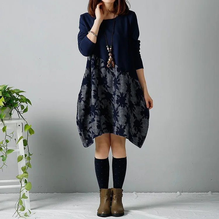 Navy patchwork plus size dresses cotton winter dress