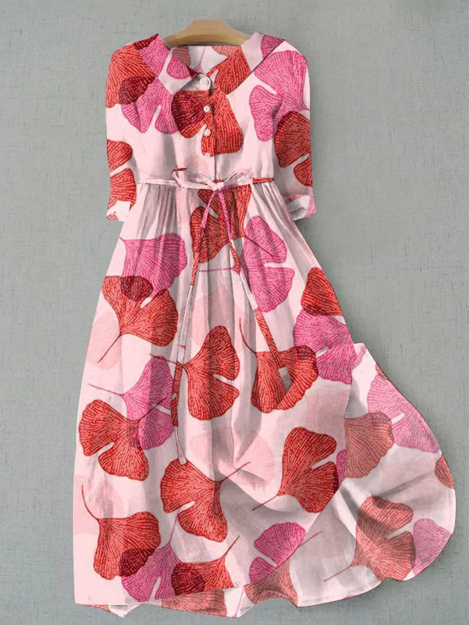 Pink Ginkgo Leaf Art Print Casual Tie Dress