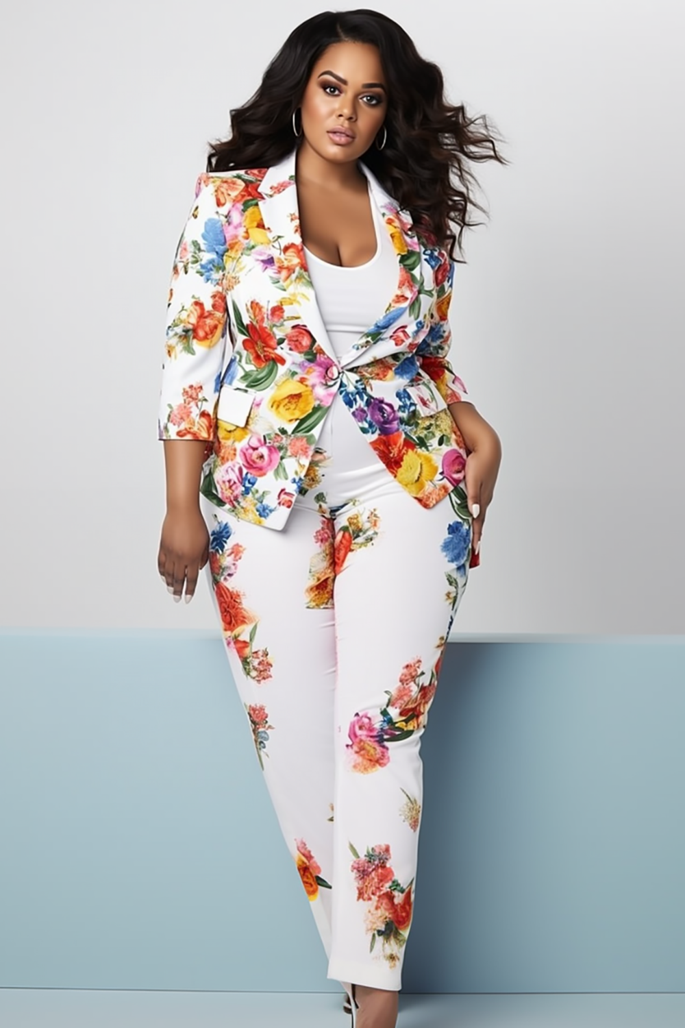 Design Plus Size Semi Formal Elegant White Floral Lapel Collar 3/4 Sleeve Button Knitted Two Piece Pant Sets [Pre-Order]