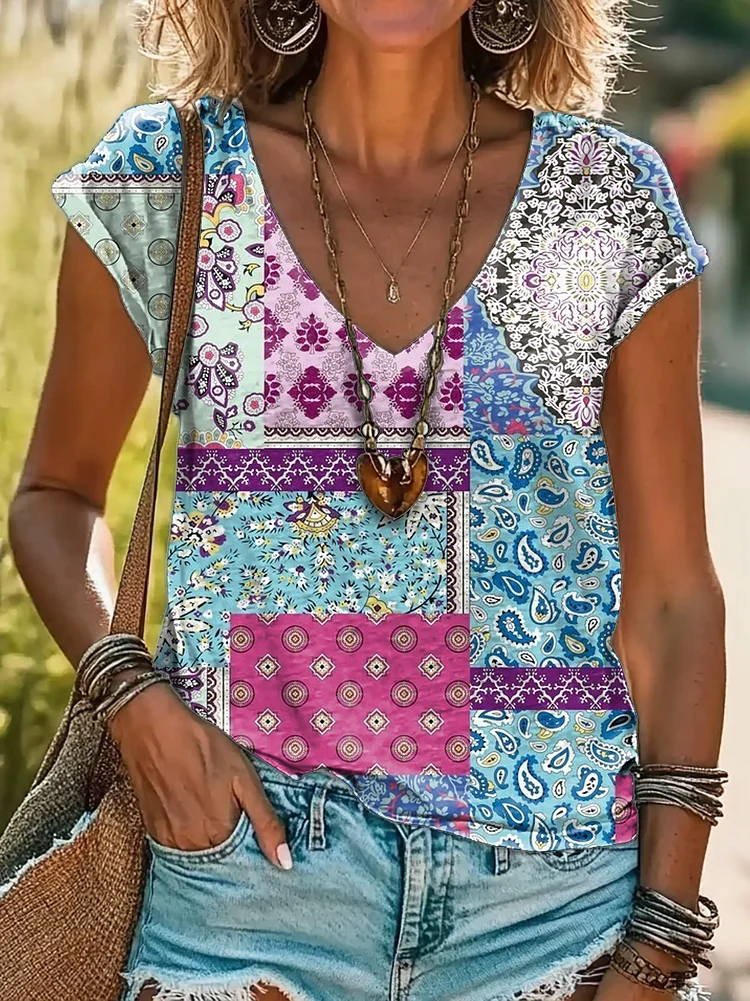 Women's Floral Patchwork Art Print Cotton V Neck T-Shirt