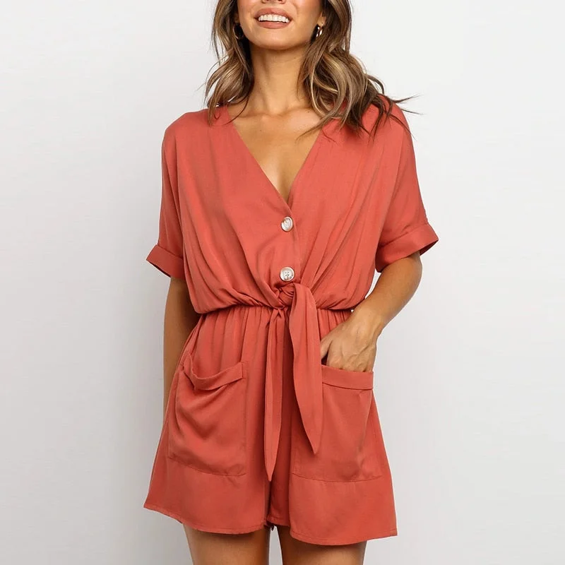 Women Summer Casual Buttons Jumpsuits 2021 Fashion Solid Pockets Jumpsuit With Belt V-Neck Short Sleeve Female Rompers Playsuit