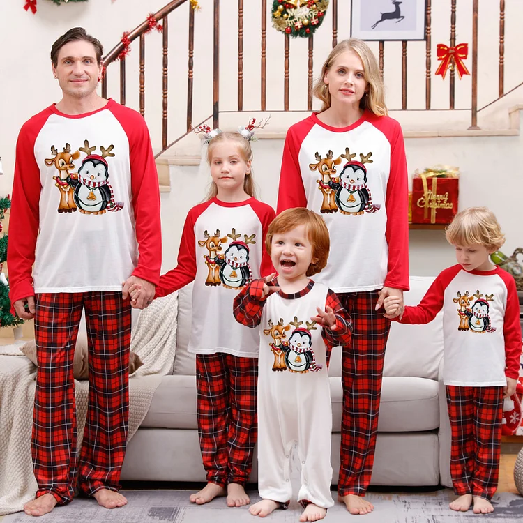 Christmas Moose & Snowman Cartoon Print Red Plaid Family Matching Pajamas Sets