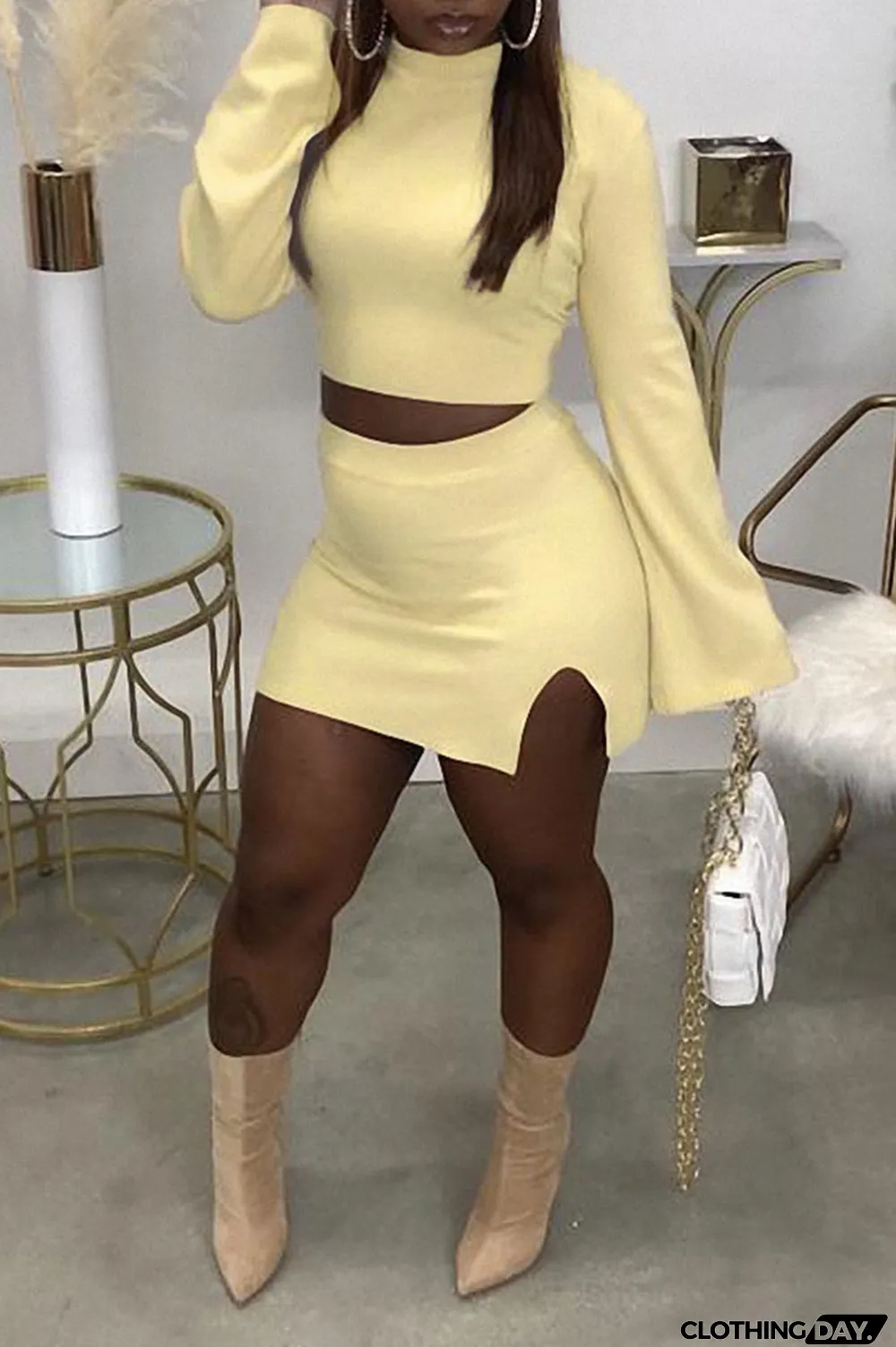 Light Green Casual Solid Split Joint Slit Half A Turtleneck Long Sleeve Two Pieces