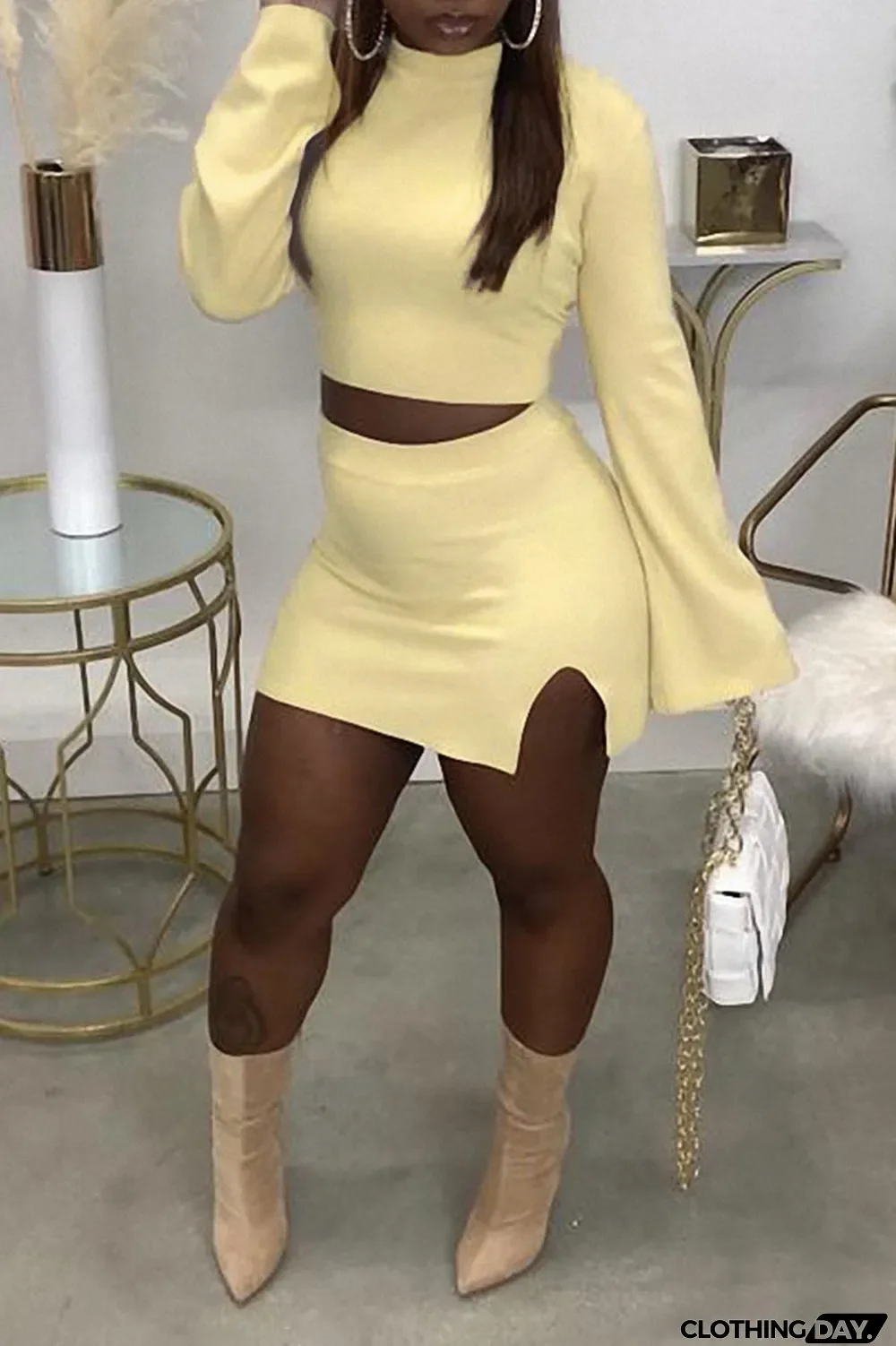 Light Green Casual Solid Split Joint Slit Half A Turtleneck Long Sleeve Two Pieces