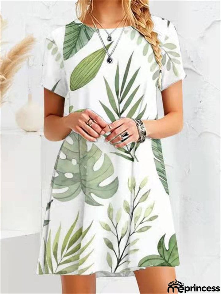 Gentle Female Flower Print Crew Neck Short Sleeve Trendy Dress