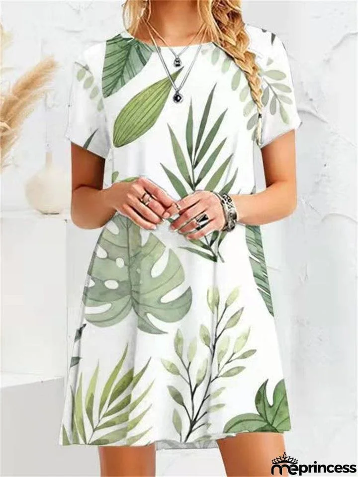 Gentle Female Flower Print Crew Neck Short Sleeve Trendy Dress