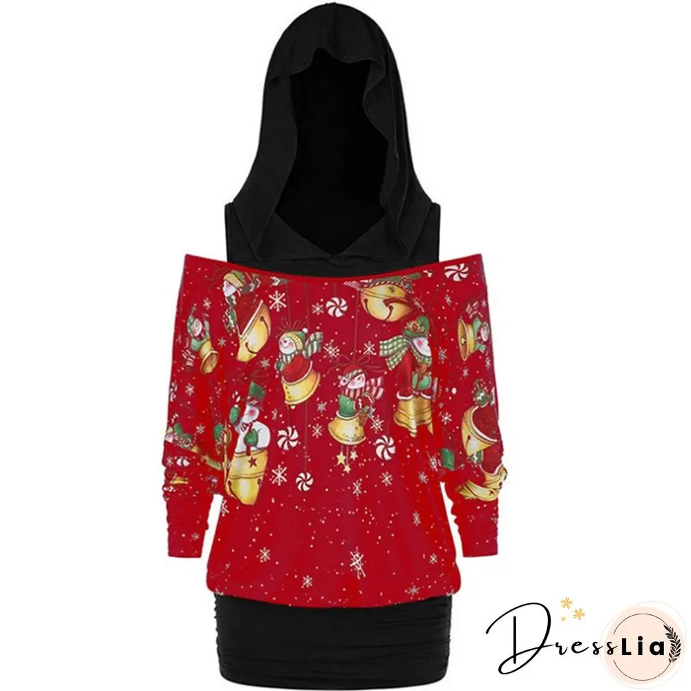 Womens Christmas Top Fashion Long Sleeve Snowman Snowflake Printed Pattern Hooded Pullover