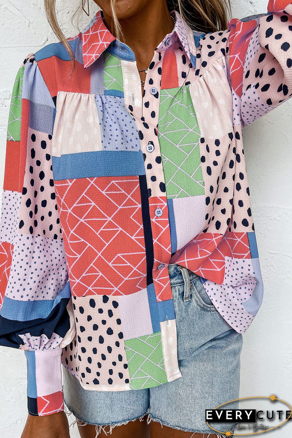 Orange Multicolor Mixed Print Button Front Cuffed Sleeve Shirt