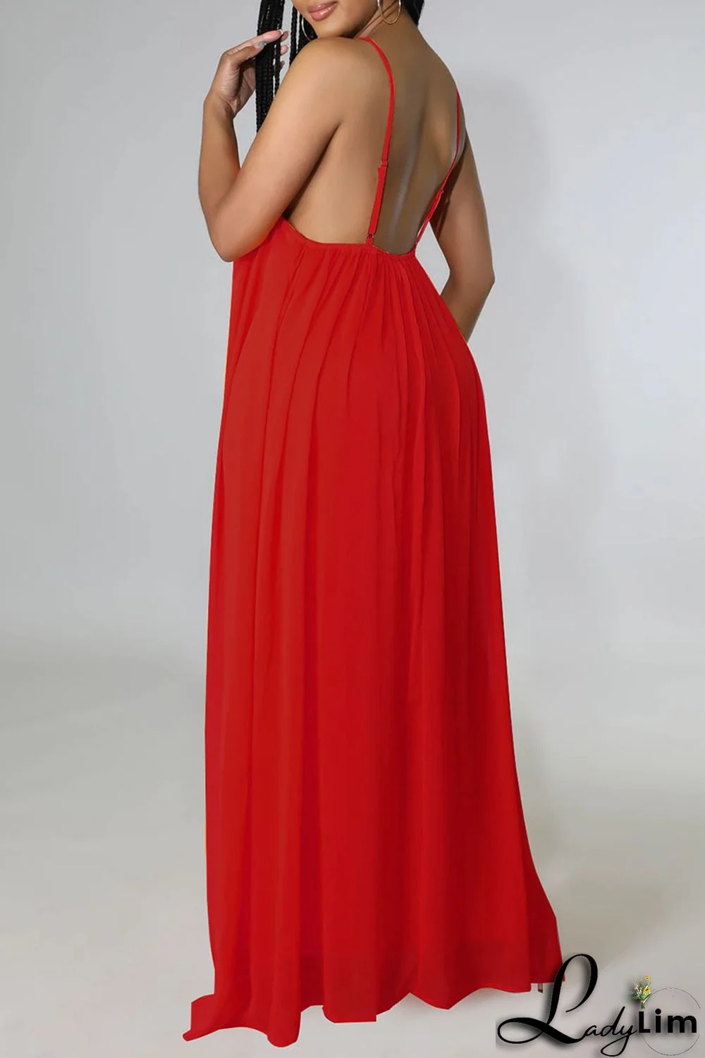 Orange Red Casual Solid Split Joint Backless Spaghetti Strap Sling Dress Dresses