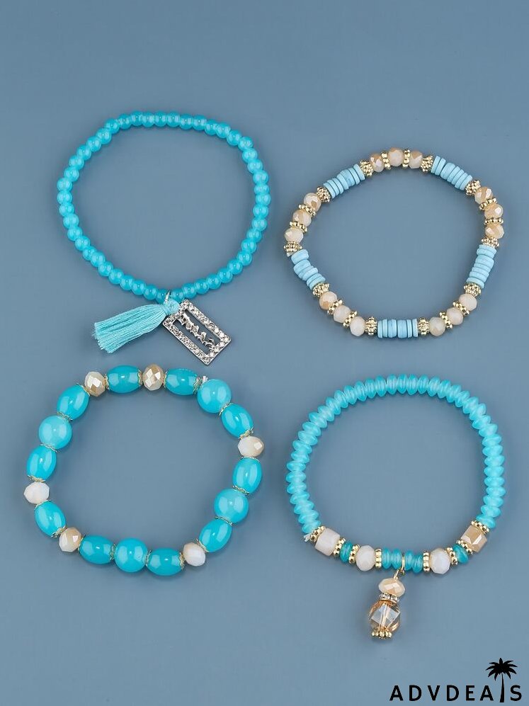 4pcs Tassel & Rectangle Charm Beaded Bracelet