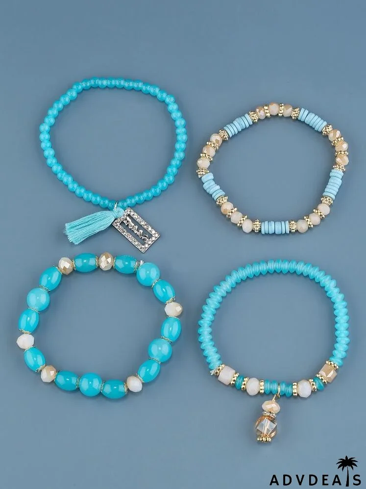 4pcs Tassel & Rectangle Charm Beaded Bracelet