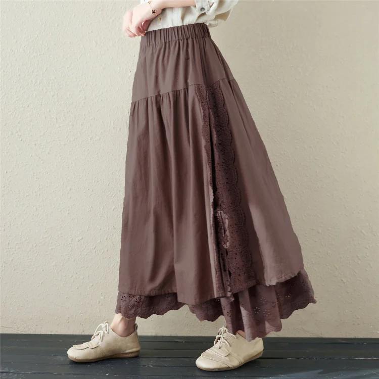 Retro Linen Floral Hollow Embroidery Skirt