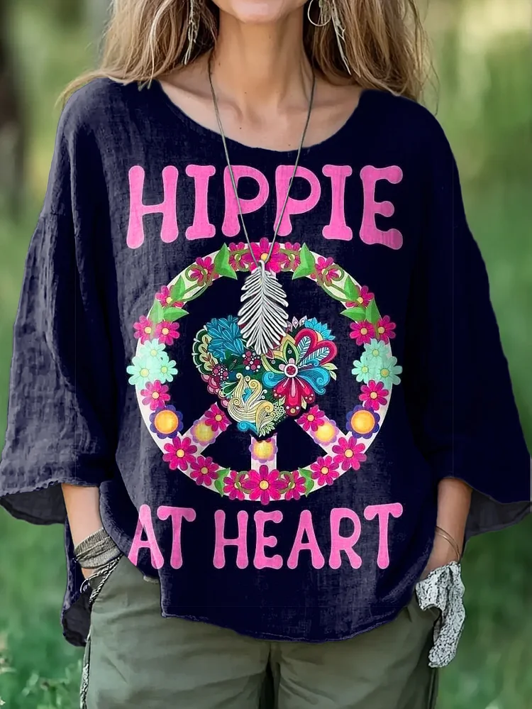 Women's Heart Floral Hippie Pattern Art Print Casual Cotton and Linen Shirt
