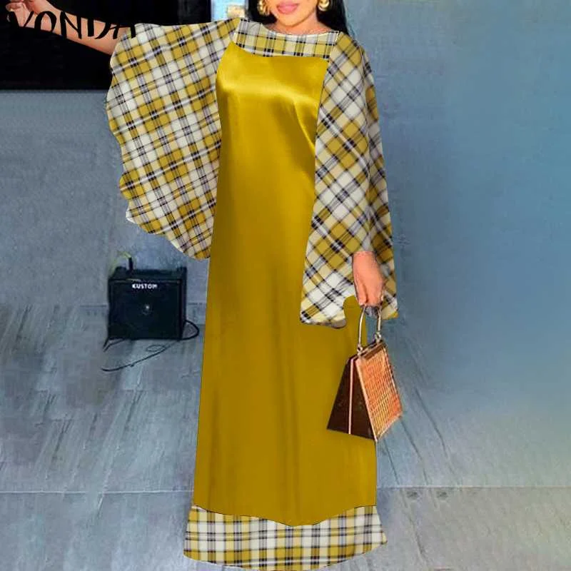Patchwork Plaid Dress Holiday Party Maxi Long Dress VONDA 2022 Women Casual Vintage Long Sleeve Vestidos Oversized Robe Femme