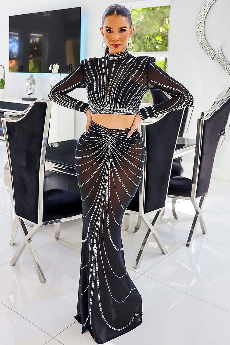 Sequin See Through Crop Top Maxi Skirt Formal Party Matching Set