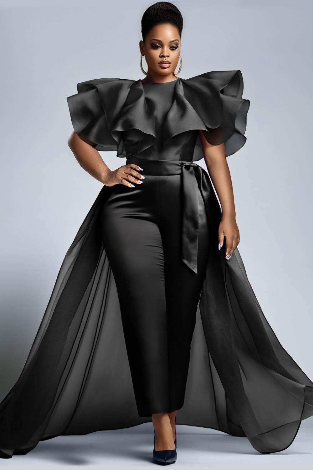 Xpluswear Design Plus Size Business Casual Black Elegant Round Neck Short Sleeve 3D With Skirt Overlay Tulle Jumpsuits [Pre-Order]