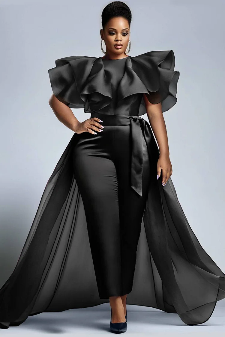 Xpluswear Design Plus Size Business Casual Black Elegant Round Neck Short Sleeve 3D With Skirt Overlay Tulle Jumpsuits [Pre-Order]