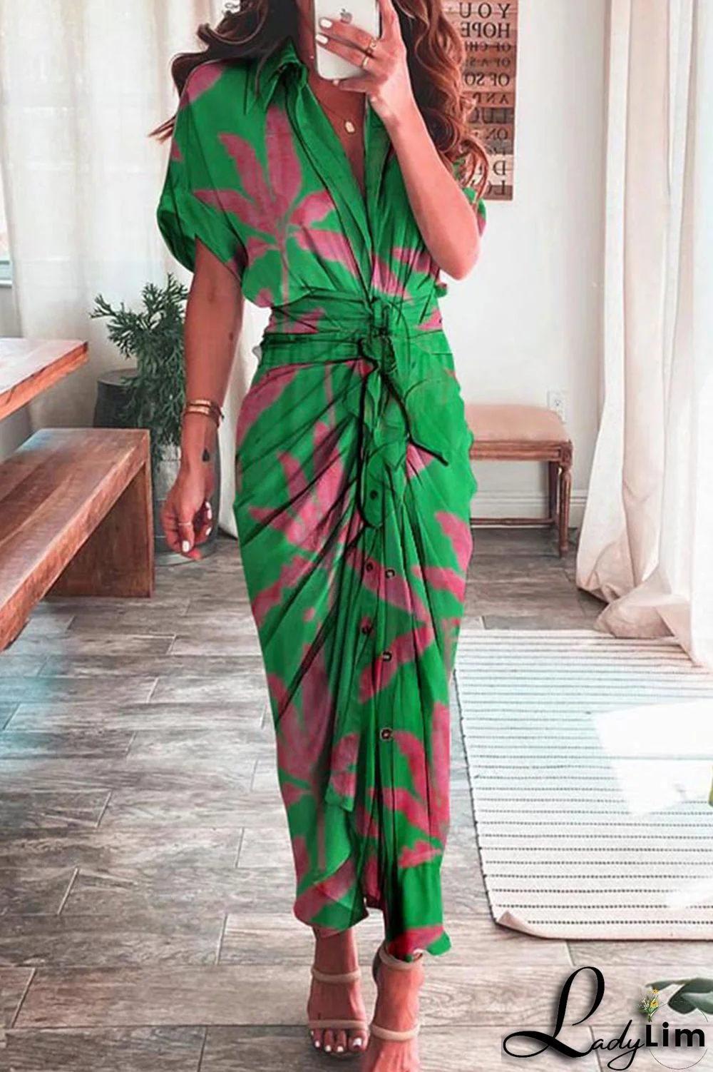 Casual Print Patchwork Turndown Collar Shirt Dress Short Sleeve Dress