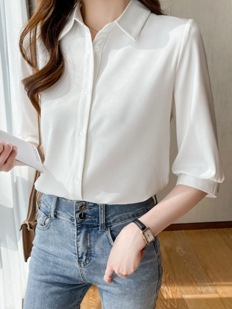 uveng Women Shirt Three Quarter Sleeve Blouses for Women Satin Blouses and Shirts Summer Fashion Women Clothing White Women Tops