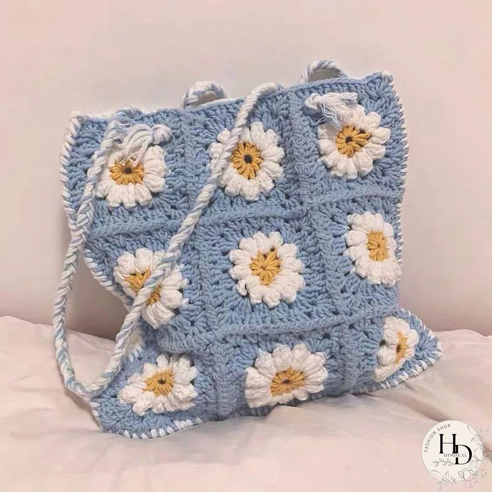 Multi Colors Hand Woven Knit Summer Sunflower Daisy Flowers Tote Bag