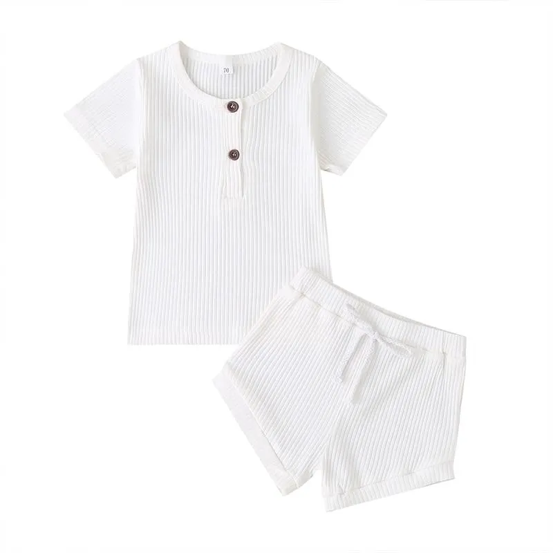 2020 Baby Summer Clothing Child Infant Baby Girls Boys Clothing Short Sleeve Solid Color Ribbed Top T Shirt Shorts Clothes
