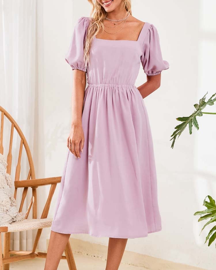  Square Neck Fitted Waisted Bubble Sleeve A-Shape Dress