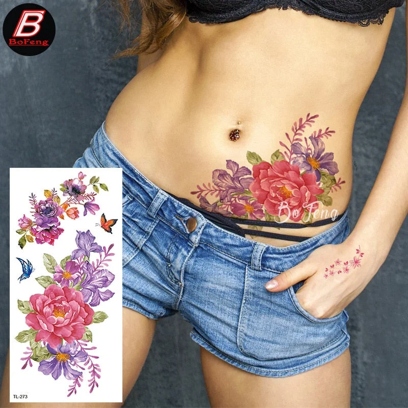 Peony Rose Temporary Tattoo Stickers,Women Body Art Tattoo,Girl Back Breast Arm Leg Red Blue Pink Flower Fake Tatoos