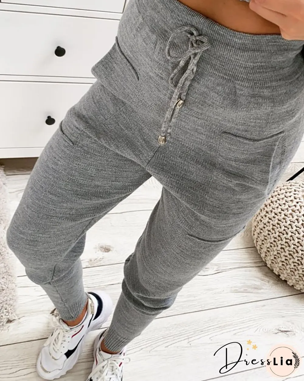 Plain Long Sleeve Top & Drawstring Pants Set
