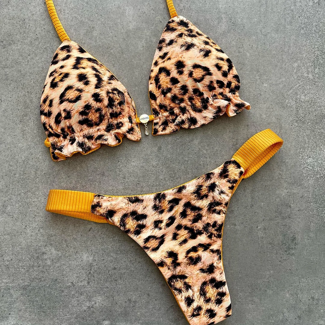 Sexy Leopard Print Color Block Bikini