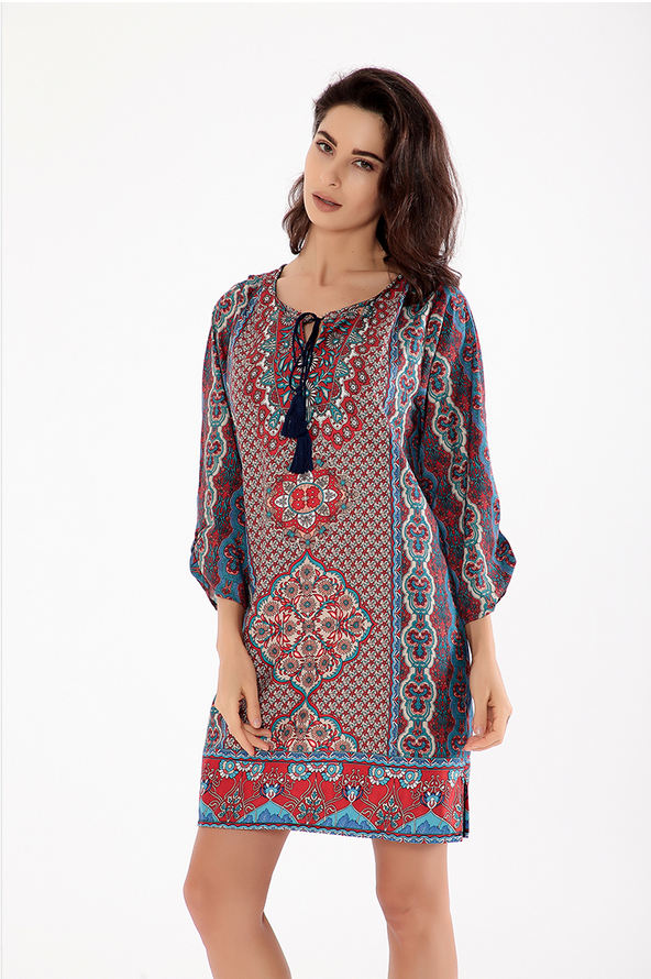 Tribal Boho 3/4 Sleeve Printed Tie-neck Dress