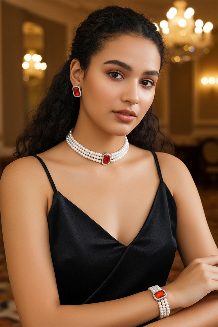 Fashion Rhinestone Multilayer Pearl Choker Earrings Ring Bracelet Jewelry Set