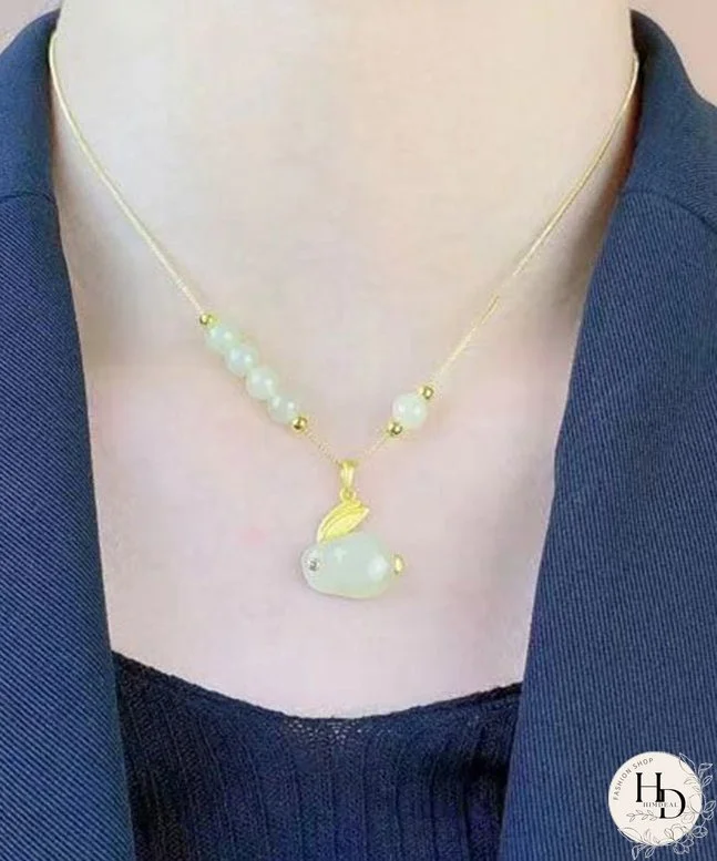 Women Cyan Rabbit Sterling Silver Overgild Jade Rabbit Agate Floral Pendant Necklace